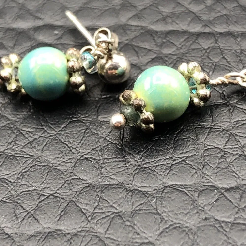 Handmade 925 Sterling Silver‎ Earrings Aqua Blue Ceramic Bead Drop Dangles